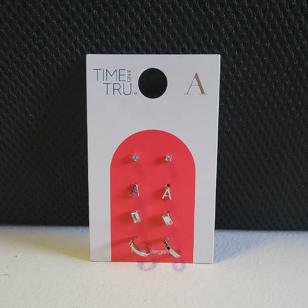 Time and Tru Silver and Red Kids Earring Set Letter A